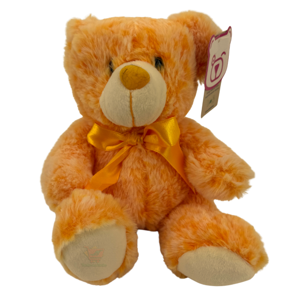 Oranger Plüschbär mit Schleife ca. 18 cm – weiches Kuscheltier in fröhlicher Farbe, ideal als Mitbringsel oder kleines Geschenk.